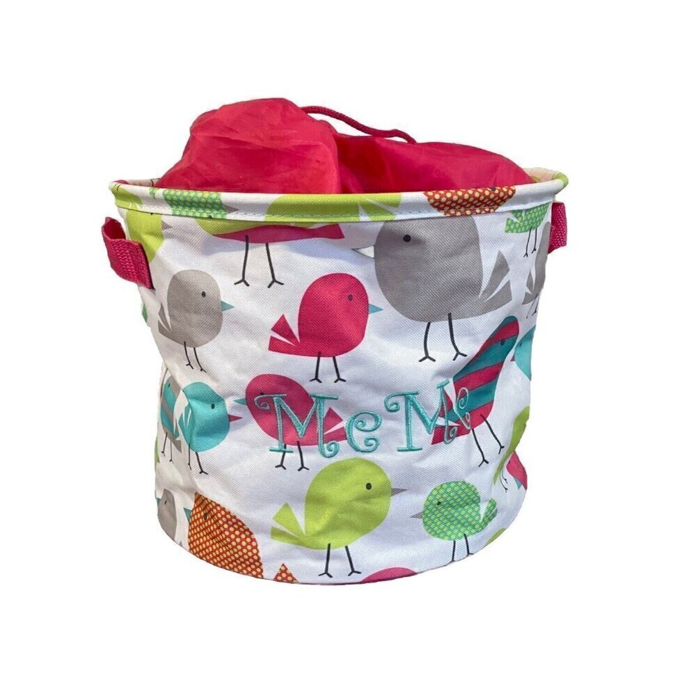 Thirty one bag cinch top round Storage Bin Pink Chickadees Birds Embroidery MeMe